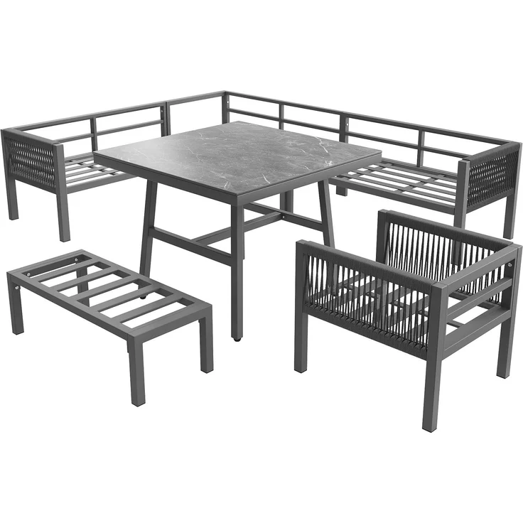 Merax Garten-Lounge-Set, Gartensofa-Garnitur in L-Form für bis zu 8 Personen / Robustes Eisengestell mit grauen Polstern / Komplett mit Tisch (Holzoptik Glas) & 1 Sessel, grau – Bild 7