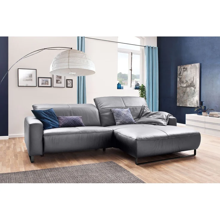 KAWOLA Sofa YORK Leder Life-line light-grey Rec rechts Fuß Metall schwarz mit Sitztiefenverstellung 85 x 180 x 284 cm – Bild 1