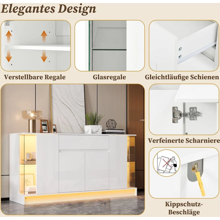 Sideboard 150 x 40 x 75 cm aus Spanplatte in Weiß Hochglanz mit Glasvitrinen und App-gesteuerter LED-Beleuchtung – Bild 9