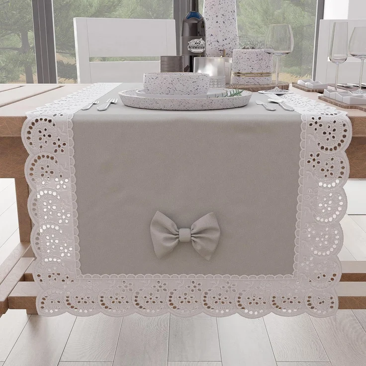 PETTI Artigiani Italiani - Tischläufer, Küchenläufer, Elegante Tischläufer, einfarbig, mit Rüschen aus Spitze und Schleifen, Tischläufer aus Baumwolle, Tischläufer 40x140 cm, 100% Made in Italy
