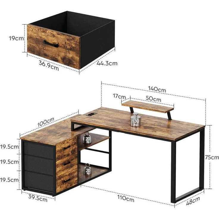 Furnicopia Eckschreibtisch 140cm mit Monitorarm, Computertisch mit drehbarer Tischplatte (Flexibel und schwenkbar, mit Steckdosen (2 Steckdosen + 2 USB-Anschlüsse), 3 großen Schubladen, 2 Ablageflächen) – Bild 1