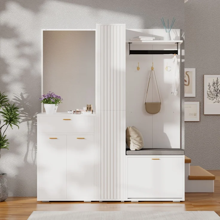 Garderobenset mit Spiegel, Schuhkipper & Sitzbank, 150x36x180 cm, Weiß – Bild 1