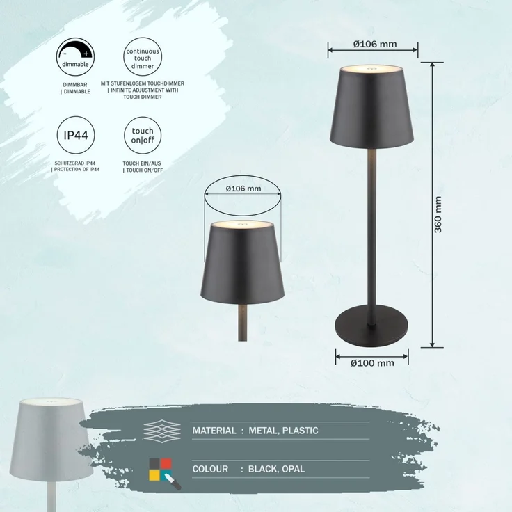 Tischlampe kabellos mit Akku Touch Dimmer Tischleuchte Dimmbar Schwarz 58438G – Bild 7