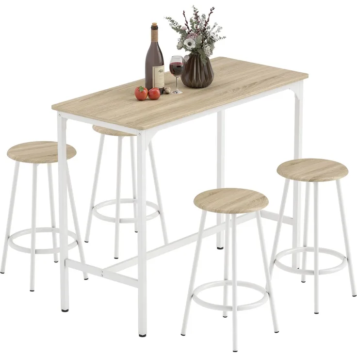 5-teiliges Essensset mit Bartheke 110 x 50 x 89,5 cm und Hockern Ø 30 x 60,5 cm aus Holz und Metall in Holzoptik