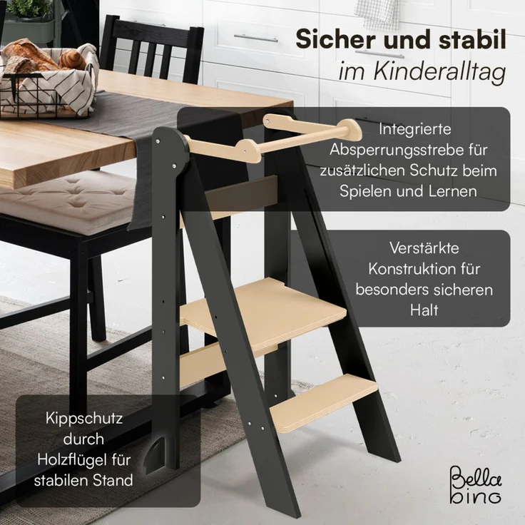 Bellabino 'Tay' Lernturm für Kinder ab 1 Jahr, Tritt 2-fach höhenverstellbar, natur/grau, Birke Sperrholz, klappbar, Tritthocker bis 50 kg belastbar – Bild 6