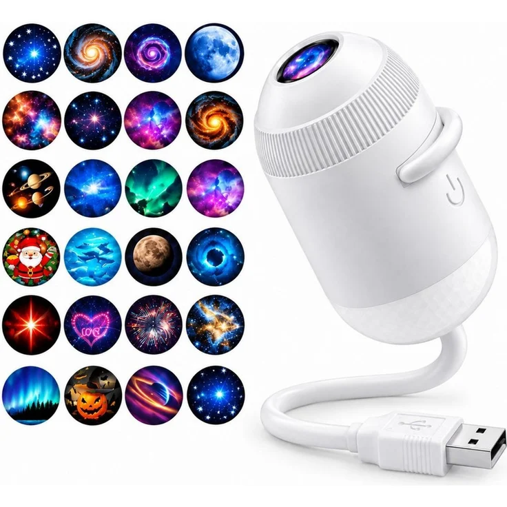 Toomoke LED Nachtlicht 2-in-1 Sternenhimmel mit 24 Motiven, Nachtlicht mit USB, Kompakte Projektionslampe für Schlafzimmer und Kinderzimmer – Bild 1