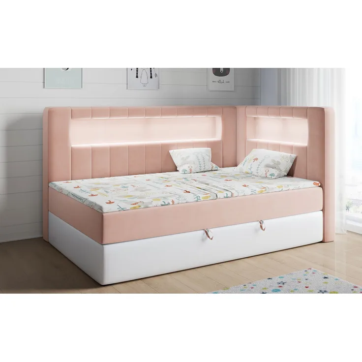 Boxspringbett mit LED, Einzelbett mit Bettkasten und Topper - JUNIOR GOLD 3 - 90x200 cm - Rosa und Weiß - Rechte Seite