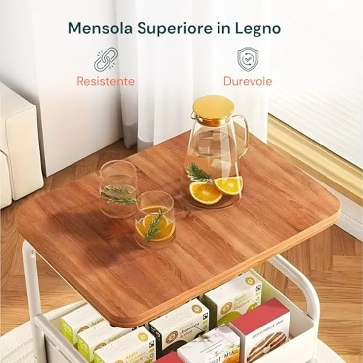 Avilia - Mehrzweck-Küchenwagen 77 x 43 x 30 cm mit 2 Ablagen aus Metall und Holz, leicht zu bewegen mit 4 drehbaren Rollen, ideal als platzsparendes Möbelstück für Zuhause und Büro – Bild 4