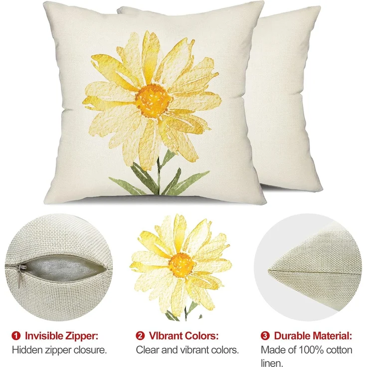 Sommer Kissenbezüge 45×45 cm 4er-Set Gelbe Gänseblümchen, “Hello Sunshine”, Outdoor Sofa Deko – Bild 5