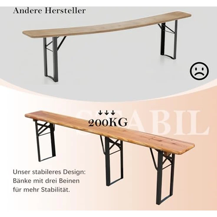Ball & Cast Bierzeltgarnitur 3-teilig, Biertisch Klapptisch mit 2 Sitzbänken, Camping Tisch faltbar, Wetterfester Kiefer Massiv, Natur, 175 cm – Bild 6