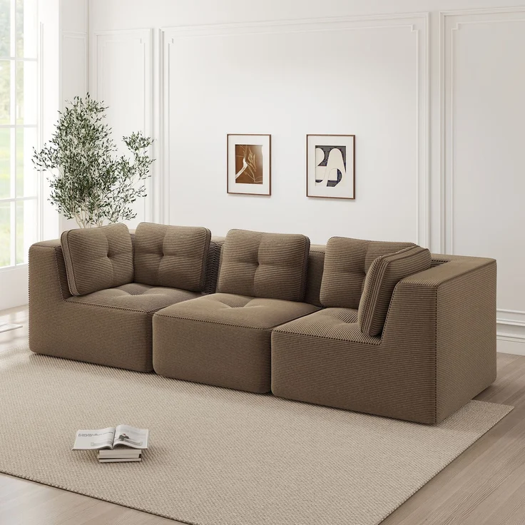 EINHOM Rahmenloses Sektionssofa, modulares Ecksofa, bequemes Cordsofa, Dreisitzer-Sofa mit tiefer Sitzfläche für das Wohnzimmer, kein Aufbau erforderlich, , braun – Bild 1