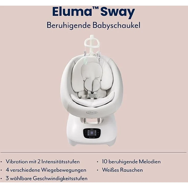 Graco Eluma™ Sway elektrische Babyschaukel mit Cry-Detection Technologie, erkennt Babyweinen und reagiert selbstständig, ab Geburt bis ca. 9 Monate (9 kg), 3-fach verstellbarer Sitz, weiß, Rori – Bild 2