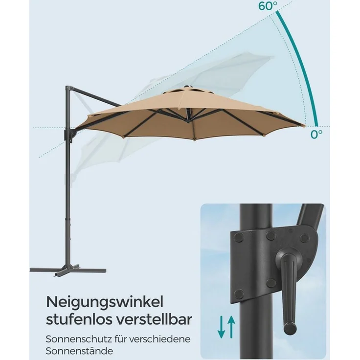 Songmics Sonnenschirm, Ampelschirm, 300 cm, UPF 50+, Gartenschirm, um 360° drehbar, Neigungswinkel stufenlos verstellbar, mit Kurbel, Kreuzfuß, kamelbraun – Bild 3