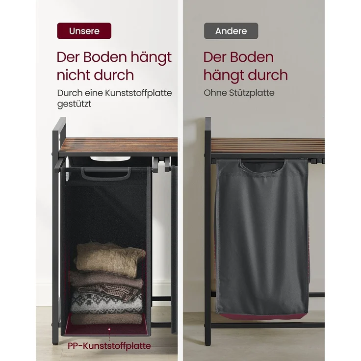 Vasagle Wäschekorb mit 2 Fächern, Metallgestell Vintagebraun/Grau, 2x46 L / 73 x 33 x 72 cm – Bild 3
