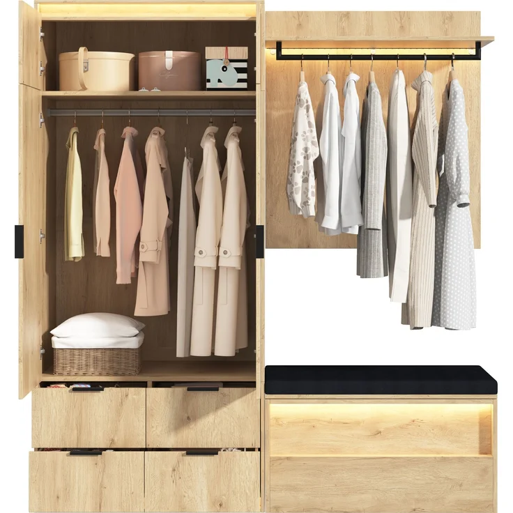 Garderoben-Set 180x47x200 cm mit LED, Spiegel, Sitzbank und 4 Schubladen – Bild 8