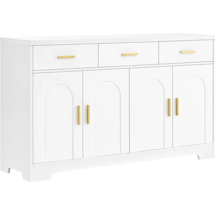 Merax Wohnzimmerschrank, Weiß Sideboard mit vier bogenförmigen Türen, 3 Schubladen, höhenverstellbare Einlegeböden, Korpus aus MDF, goldene Metallgriffe – Bild 9