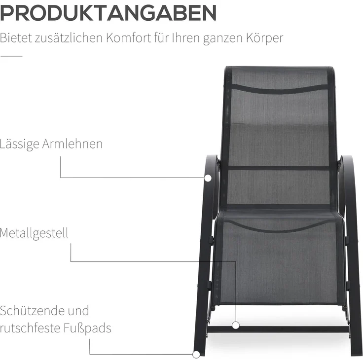 Outsunny Gartenliege Sonnenliege-Set mit Tisch, 2 Liegestühlen, Liege, 3 St, Relaxliege, für Balkon, Terrasse, Schwarz – Bild 5