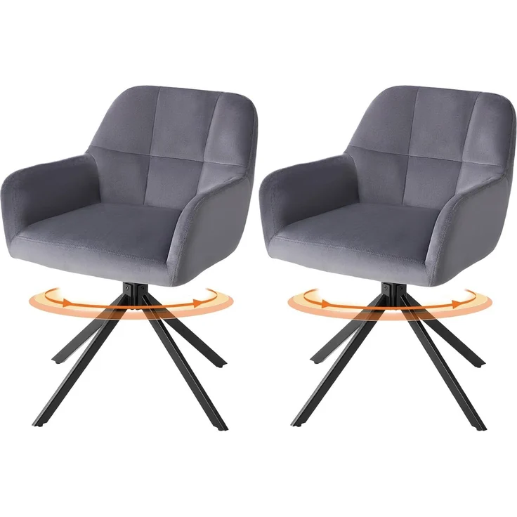 Sweetcrispy Esszimmerstuhl 2er Set, 360° Drehstuhl Esszimmer, Küchenstuhl, Samt Schminktisch Stuhl, bis 120 kg belastbar, Sessel mit Armlehnen Stahlbeine, Schreibtischstuhl für Arbeitszimmer, Grau – Bild 1