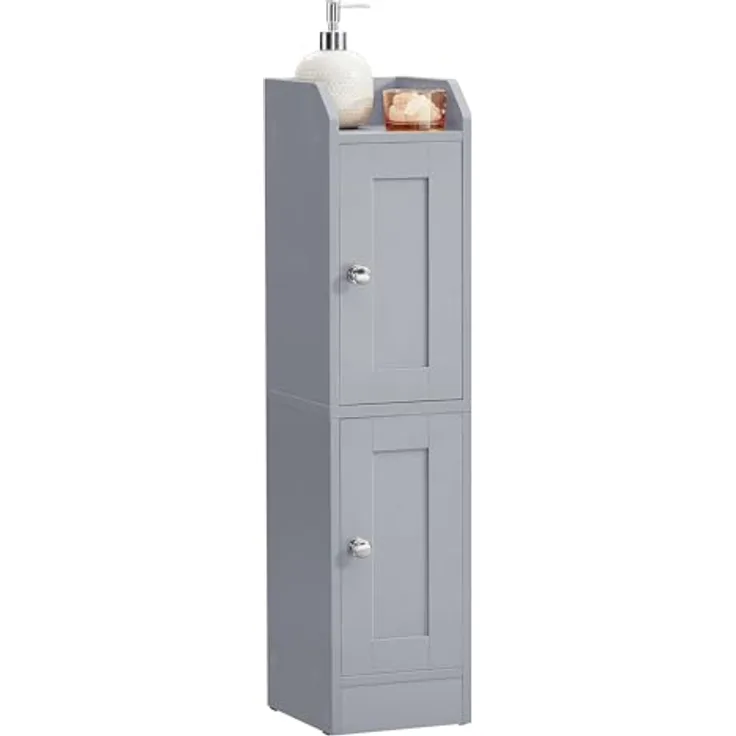 VASAGLE Siren Kollektion - Badezimmerschrank schmal, Badschrank, Eckschrank, verstellbare Ablagen, Hochschrank Bad, Türen nach Links oder rechts öffnend, Landhausstil, Taubengrau BBK312GD02