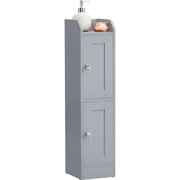 VASAGLE Siren Kollektion - Badezimmerschrank schmal, Badschrank, Eckschrank, verstellbare Ablagen, Hochschrank Bad, Türen nach Links oder rechts öffnend, Landhausstil, Taubengrau BBK312GD02 – Bild 1