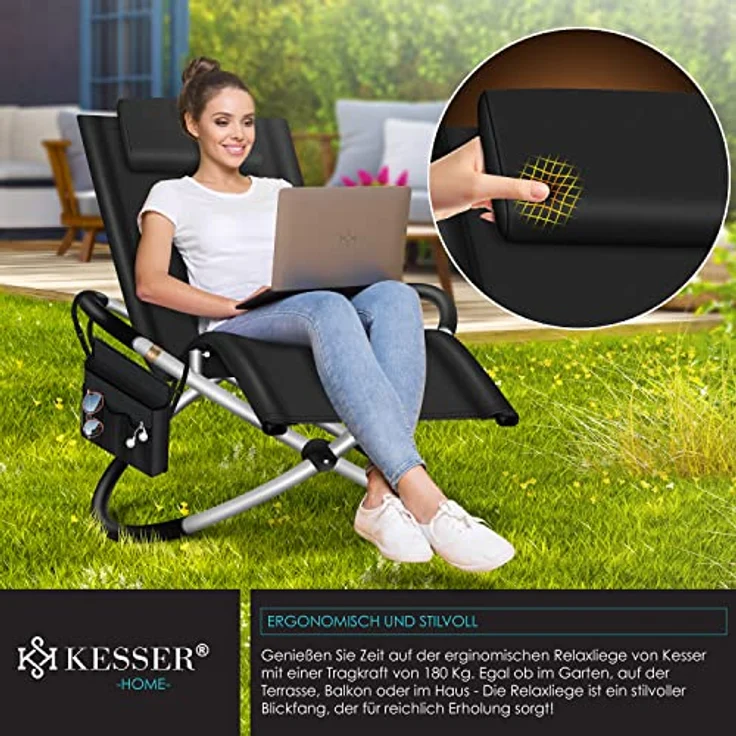 KESSER® Relaxliege Liegestuhl Inkl. Tasche + Abdeckung Gartenliege Sonnenliege Gartenstuhl Klappstuhl faltbar | Schwungliege | Schaukelsessel | ergonomische Relaxsessel | 180kg Belastung, Schwarz – Bild 4