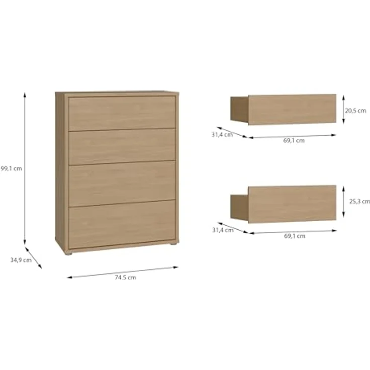 Forte Alice Springs Kommode 70 80, modern-minimalistisch, 4 Schubladen, Wohn-/Schlafzimmer, Holzwerkstoff, Elegancia Eiche Holzdekor, 74,5 cm breit x 99,1 cm hoch x 34,9 cm tief – Bild 3