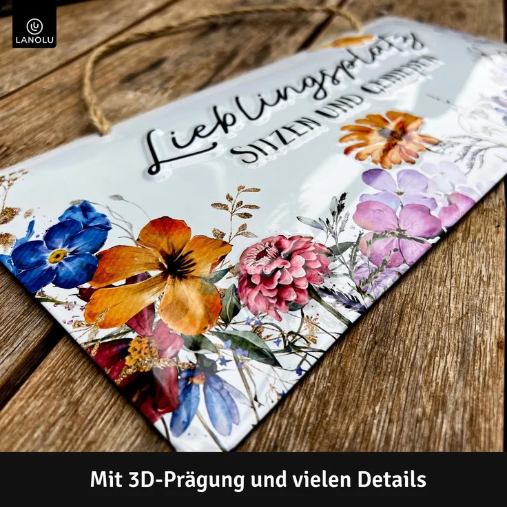 LANOLU Blechschild Lieblingsplatz genießen - 16x32cm – Metall – Weiß – 16102 – Bild 3