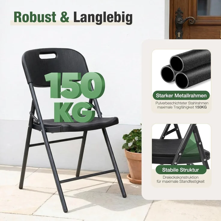 Sekey Klappstuhl 4er Set, Klappstühle aus Kunststoff und Metall, Campingstuhl Gartenstuhl Klappbar bis 150KG, Schwarz Holzoptik – Bild 5