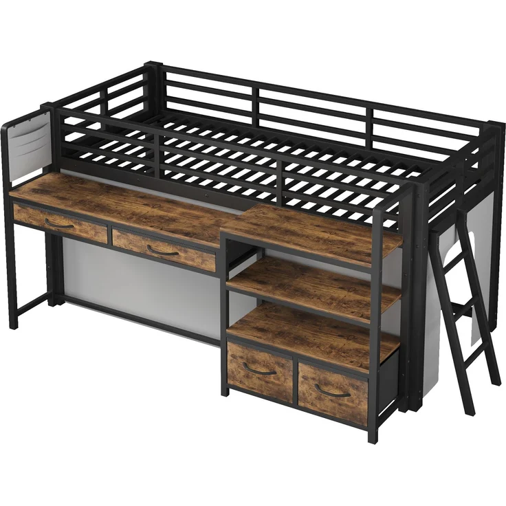 ZUBALIYA Hochbett 90x200 cm mit Schreibtisch, Stauraum und Stoffschubladen, Kinderbett aus Metall mit Vorhang, mehrschichtigem Regal und LED-Licht, Schwarz – Bild 16