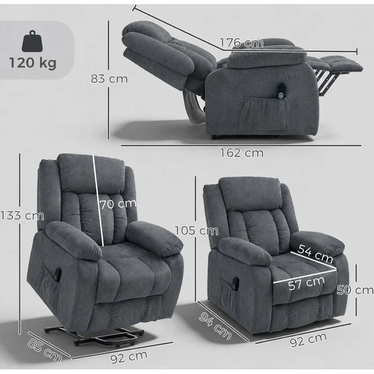 Wohnora-Aufstehsessel mit weichem Bezug, Recliner-Sessel mit Fernbedienung und Seitentaschen, Grau,H 1050cm x T 940cm x B 920cm – Bild 4