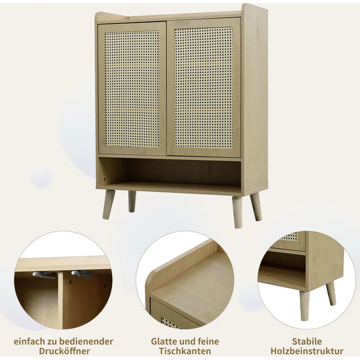 Merax Sideboard aus natürlichem Rattan, Kommode Mit Holzgriffen und Massivholzbeinen. Maße: B80/H105/T35 cm – Bild 6