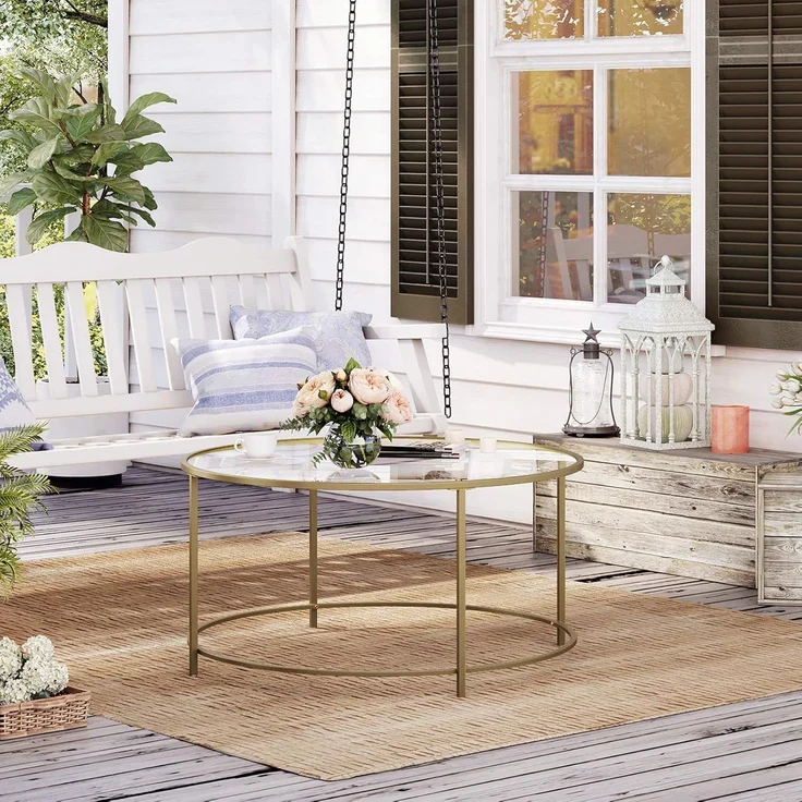 Vasagle 'LGT21G' Couchtisch mit goldenem Metallgestell, Hartglas transparent, Ø84 cm – Bild 3