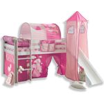 AILEENSTORE Hochbett mit Rutsche Turm Rutschbett Mädchen Junge Spielbett Vorhang Kiefer Weiss 90x200 Princess