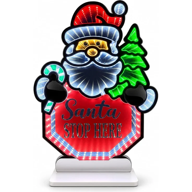 LED Infinity Spiegel Santa Stop Here 40,5 cm, Weihnachtsmann mit Timer – Bild 1