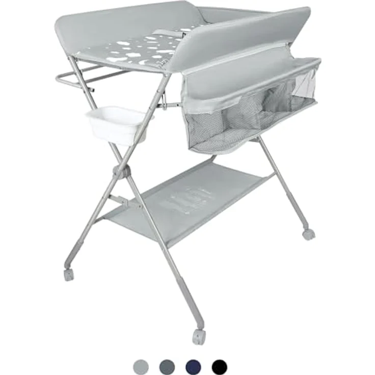 mobiler Wickeltisch mit Wickelaufsatz, Wickelkommode klappbar höhenverstellbar, Wickelkombi mit Sicherheitsgurt Aufbewahrungskorb Kleiderstange-80 * 58 * 90 cm-hellgrau – Bild 2