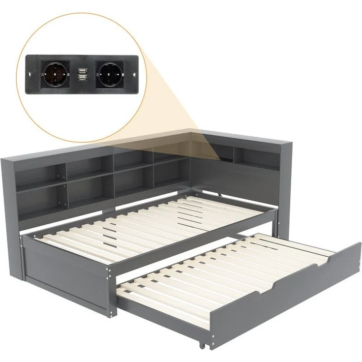 MODFU Schlafsofa Kinderbett mit USB-Steckdose und mehreren Ablagefächern, Mit Räummaschine, Massivholzbett, Doppelbett, Multifunktionsbett aus Holz, ohne Matratze – Bild 3