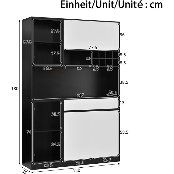 Mehrzweck Hochschrank mit LED Beleuchtung, Vitrine, Sideboard Schrank, Aufbewahrungsschrank mit Türen und Schubladen, modernes Wohnzimmerschrank Möbel für Küche, Esszimmer und Büro--Schwarz, Weiß--120x35x180cm--YOUDENOVA – Bild 4
