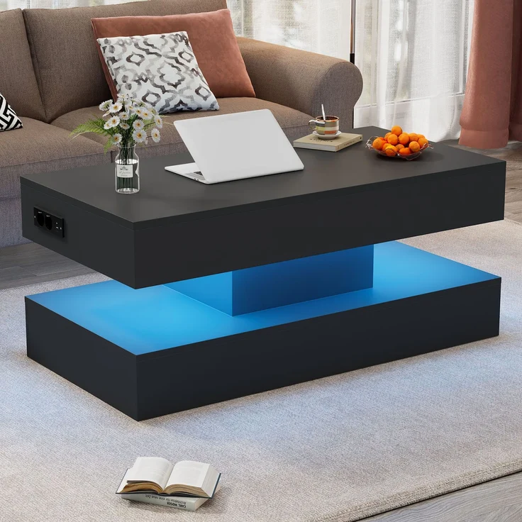 Höhenverstellbarer Couchtisch mit LED-App-Steuerung, verstecktem Stauraum und EU-Steckdosen, 100×50×42 cm, modern schwarz – Bild 3