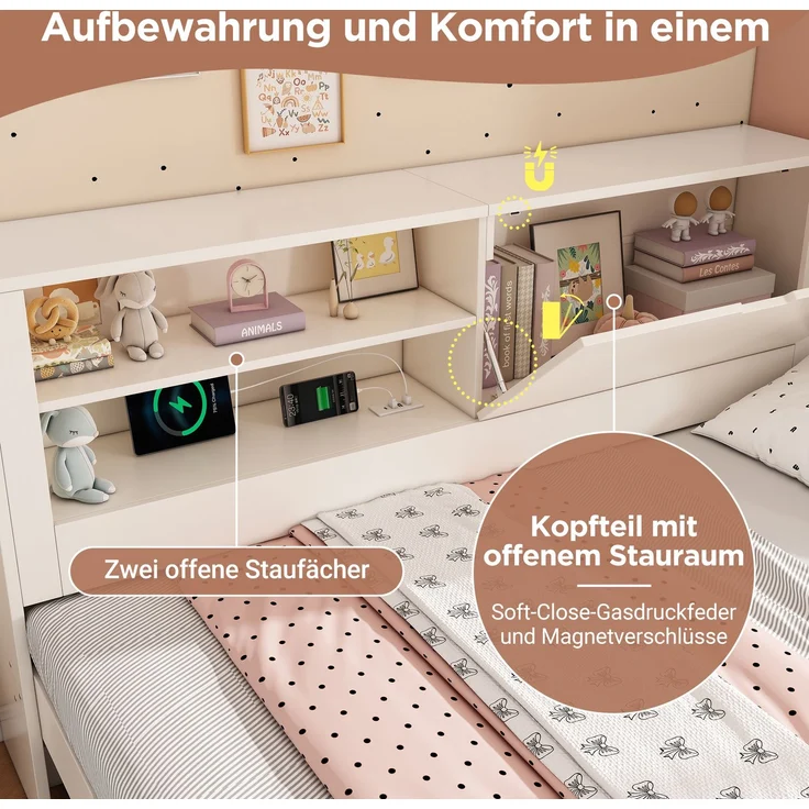 Merax Einzelbett, Schlafsofa, 90×190 cm, Kinderbett, Daybett mit Ausziehbett 90×190, mit Stauraum‑Rückwand, offenes Fach, verdeckter Klapp‑Stauraum, USB Ladestation, weiß – Bild 7