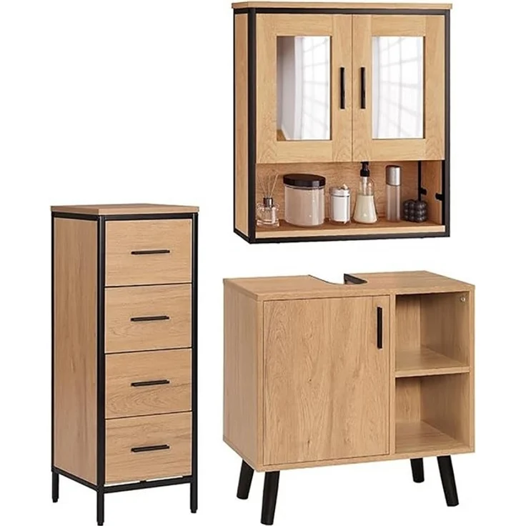EUGAD Badmöbel-Set, (3-St), Badschrank mit 2 Spiegeln, Beistellschrank mit 4 Schubladen – Bild 4