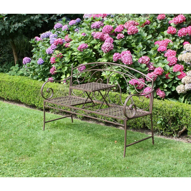 Gartenbank SABINE hochklappbarer Tisch - 147cm Breit, Stahl, Braun, 147 x 53 x 94,5 cm | Terrassenbank Wetterfest Sitzbank Outdoor Bank – Bild 3