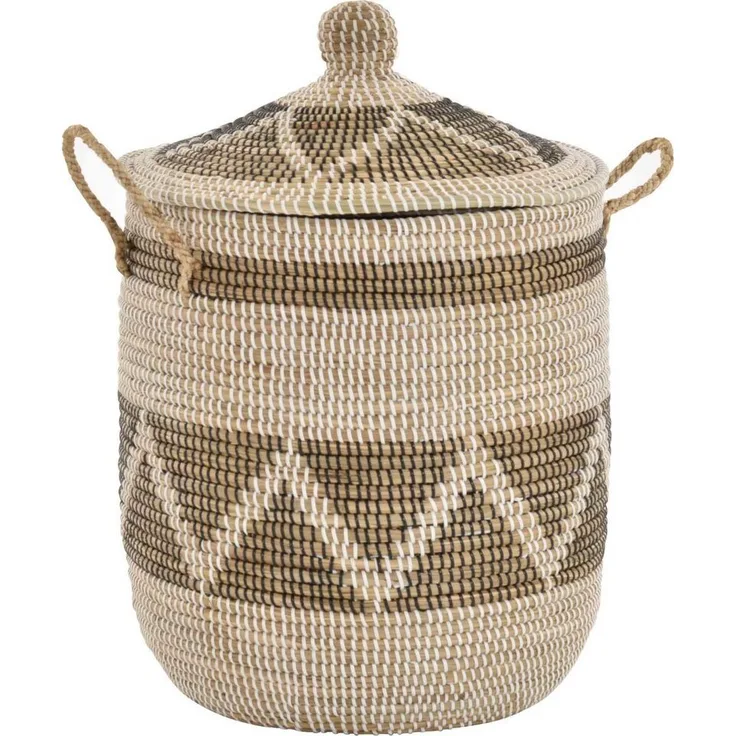 Krines Home Wäschekorb Wäschekorb Wäschesammler mit Deckel Dekokorb Aufbewahrungs-Box, Allzweck-Korb Natur Seegras mit bunten Wicklungen