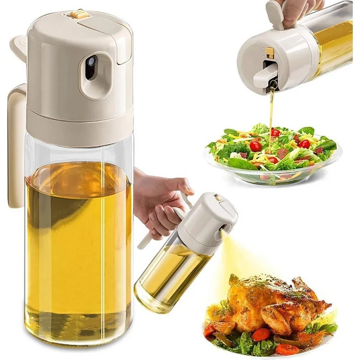 PFCTART Sprühflasche Ölsprüher 550 ml 2in1 Öl Sprühflasche mit Gießfunktion, (Set, 1-tlg, Für Olivenöl, Essig & Sojasauce – Glasbehälter Öl Sprayflasche), Feiner Nebel oder Strahl, rutschfester Griff – Ölspray für Airfryer – Bild 1