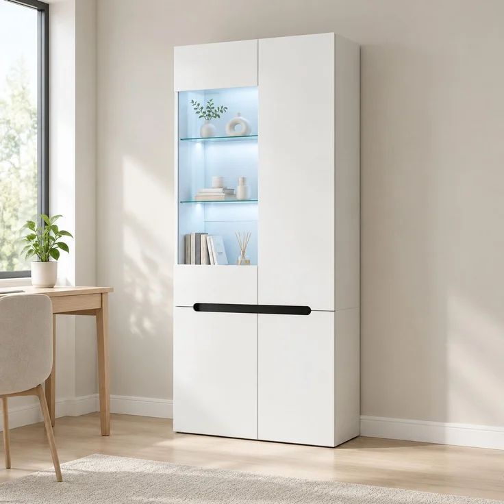DESVIAE Vitrinenschrank Weiß aus MDF – 80x180x35 cm – LED-Beleuchtung, 4 Türen, 8 Fächer – Bild 3