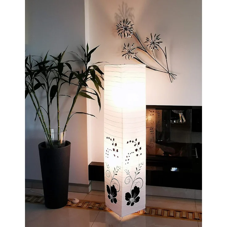 TRANGO LED Stehlampe, 1210L Design LED Standlampe *GREECE* Reispapierlampe *HANDMADE* in weiß mit floralem Motiv I inkl. 2x E14 LED Leuchtmittel I Form: eckig I Höhe: ca. 125cm, Wohnraumlampe I Stehleuchte I Reispapier – Bild 6