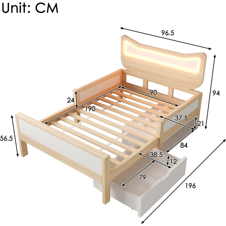 CHICFURN Bett aus Holz Weiß/Eiche 90x190 cm mit RGB-LED-Beleuchtung und Stauraum – Bild 10