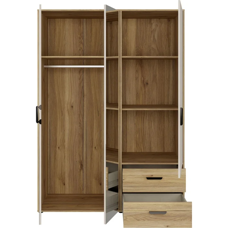 Forte MOKKARO Kleiderschrank 140 150, moderner Drehtürenschrank, 3-türig, 2 Schubladen, Spiegel, Mauvella Eiche Holzdekor|Kaschmir Beige, 144,4 cm breit x 200,1 cm hoch x 52,7 cm tief – Bild 4