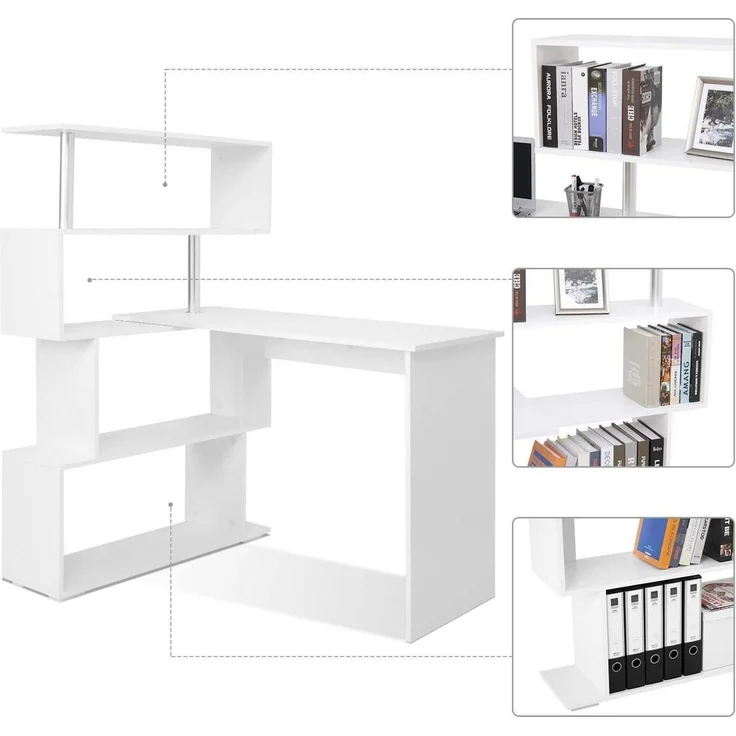 Computertisch Eckschreibtisch Lförmig 360Grad Bücherregal Weiß – Bild 5