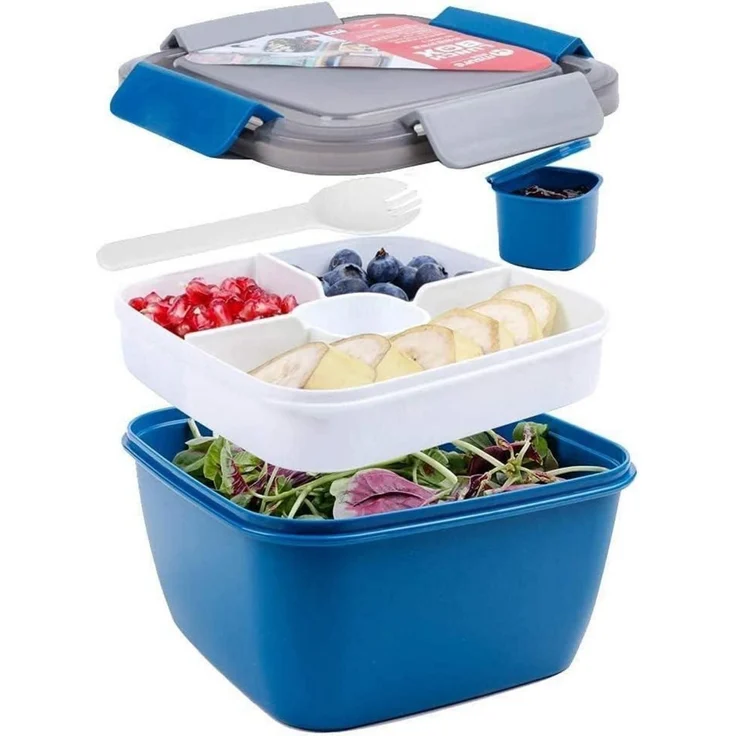 Salatbehälter 3 Fächer Salatschüssel 1500ml Dunkelblau 1500 ML Blau – Bild 1