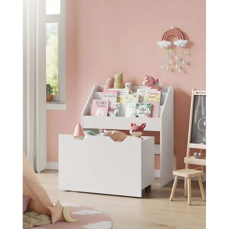 Songmics Bücherregal für Kinder, mit 3 Regalebenen und Aufbewahrungsbox auf Rollen, MDF Wolkenweiß, 29,5 x 62,5 x 70 cm